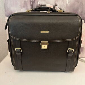 ! Brooks Brothers Genuine Pebbled Leather Trolley Travel Bag Brown And G…
